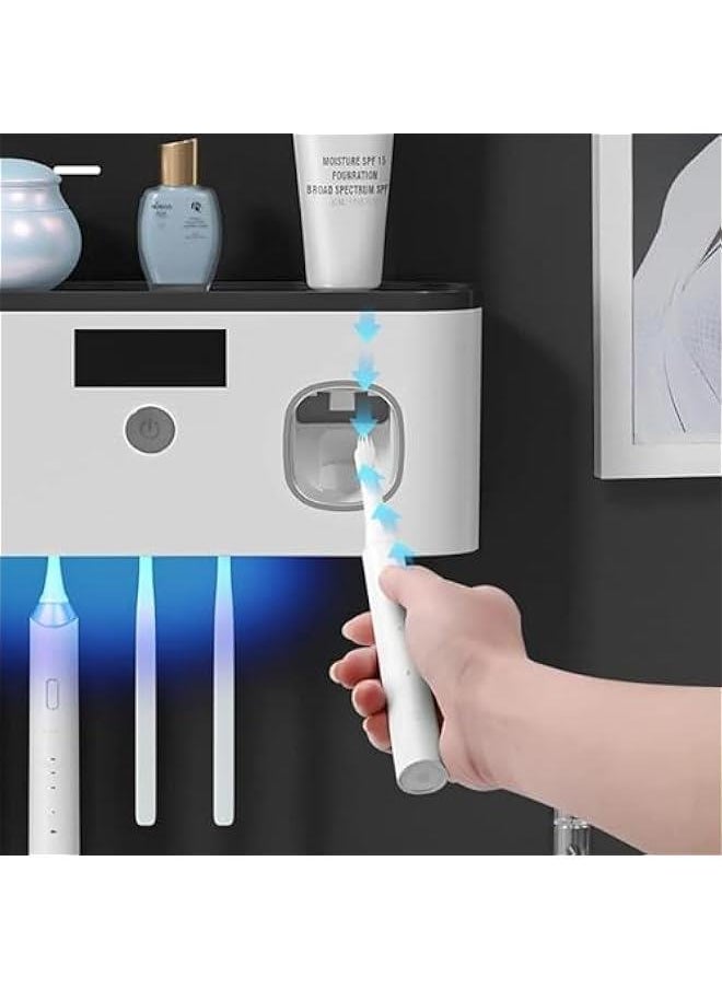 Wall Mounted Toothbrush Holder with Toothpaste Dispenser Electric Toothbrush Holder for Bathroom Solar Charging and No Drilling Required Smart Toothbrush Organizer with 5 Brush Slots