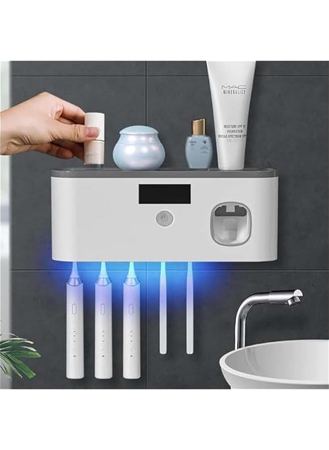 Wall Mounted Toothbrush Holder with Toothpaste Dispenser Electric Toothbrush Holder for Bathroom Solar Charging and No Drilling Required Smart Toothbrush Organizer with 5 Brush Slots