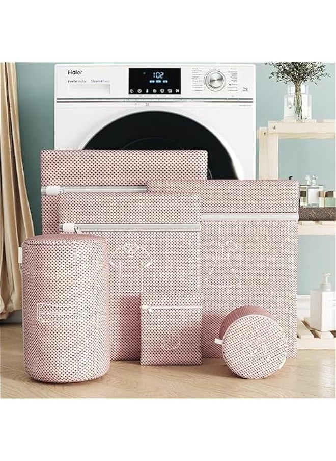 Mesh Laundry Bags,Double Layer Thickened Laundry Net Fabric Durable, Travel Organization Bag for Lingerie,Clothes,Jeans,Bath Towel,Sock,Set of 6,Pink (34-3)