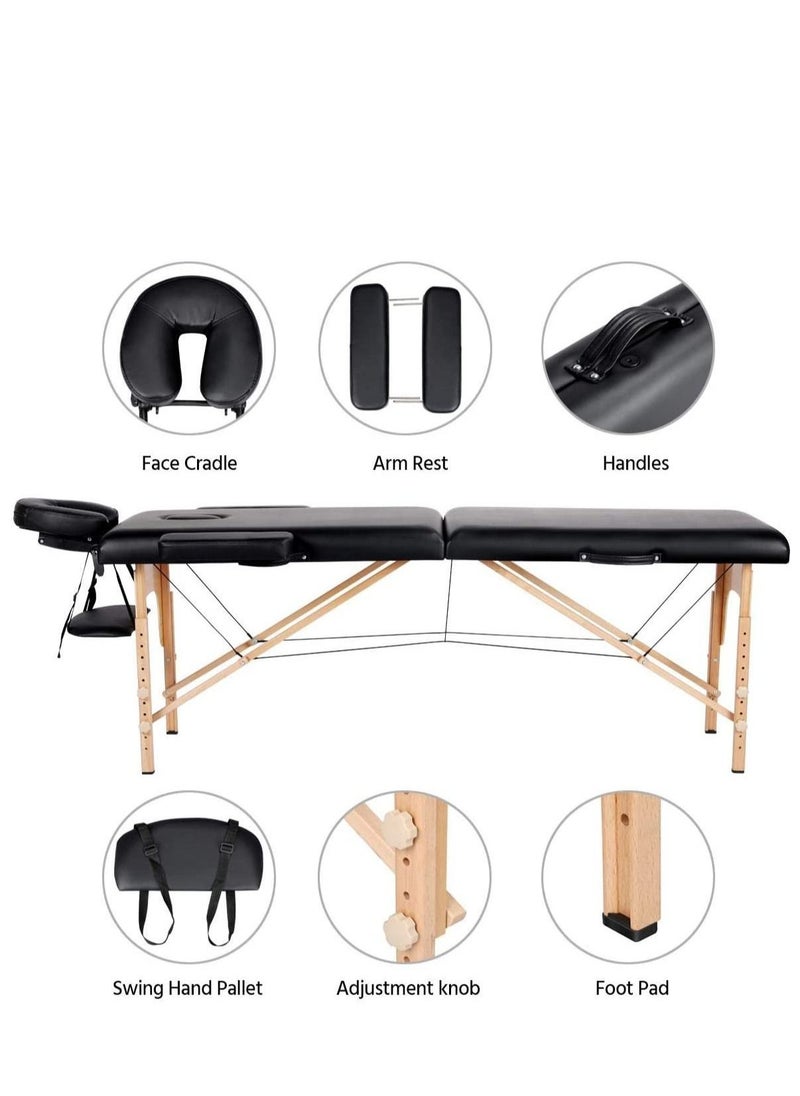 Portable Massage Table Professional Adjustable Folding Bed with 3-part Wooden Frame Ergonomic Headrest and Tote Bag for Therapeutic Tattoo Salon SPA Facial Treatment