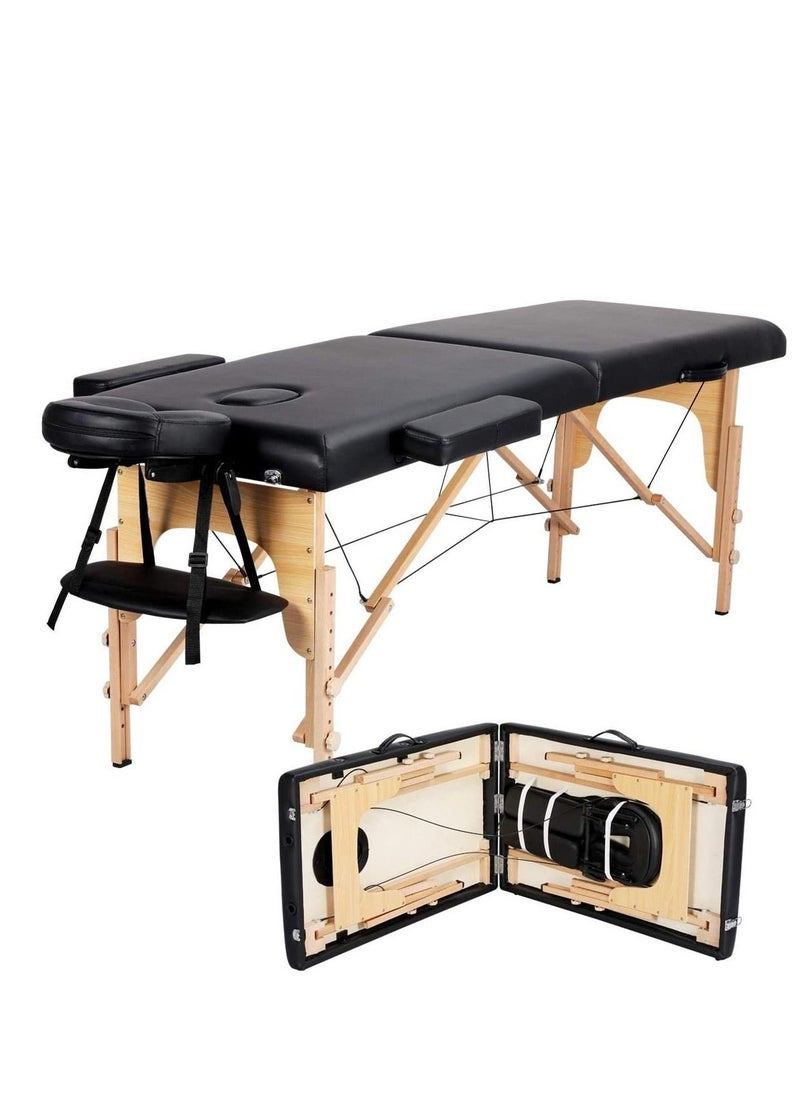 Portable Massage Table Professional Adjustable Folding Bed with 3-part Wooden Frame Ergonomic Headrest and Tote Bag for Therapeutic Tattoo Salon SPA Facial Treatment