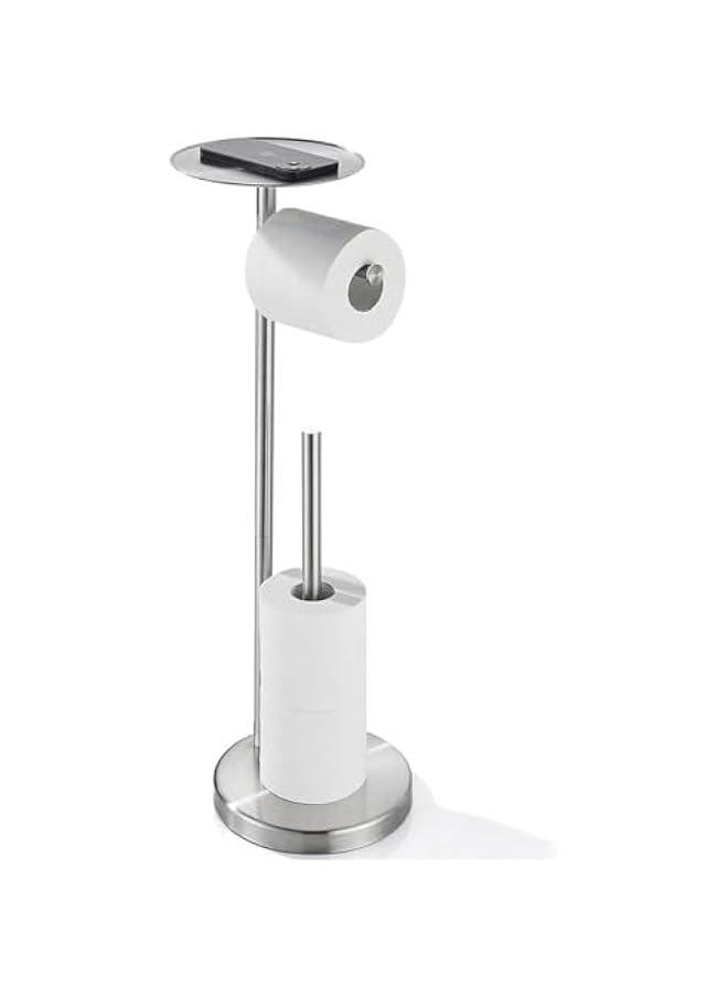 Toilet Paper Holder Stand for Bathroom Floor Standing Toilet Roll Dispenser Storages 4 Reserve Rolls, with Top Storage Shelf for Cell Phones, Wipe, Wallet and More (Silver)