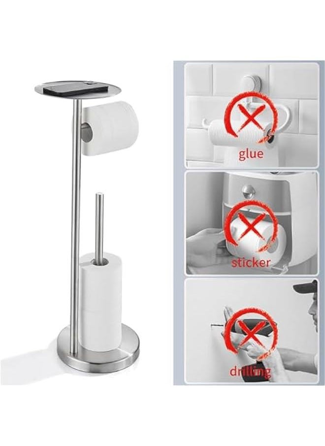 Toilet Paper Holder Stand for Bathroom Floor Standing Toilet Roll Dispenser Storages 4 Reserve Rolls, with Top Storage Shelf for Cell Phones, Wipe, Wallet and More (Silver)