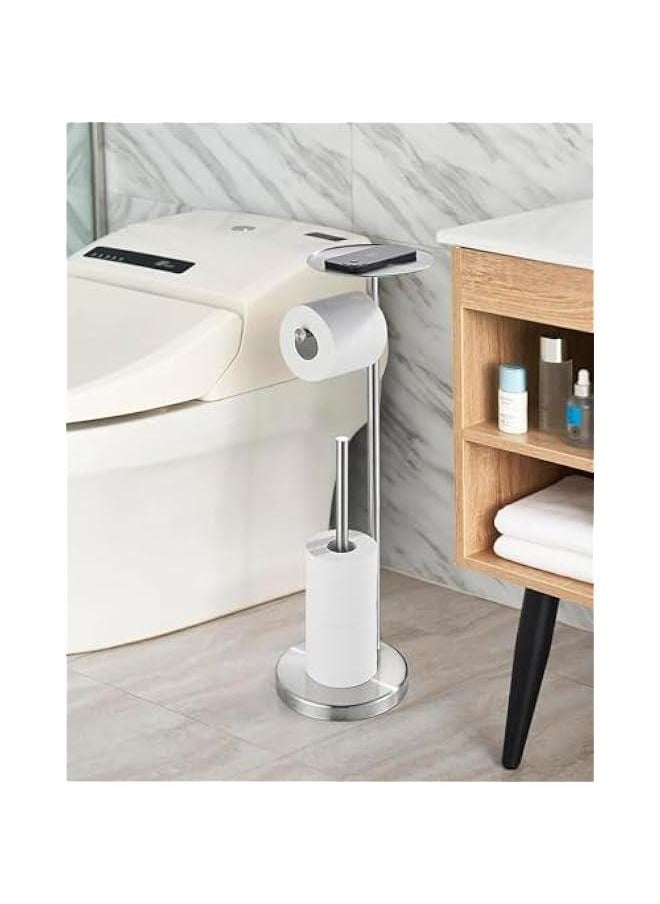 Toilet Paper Holder Stand for Bathroom Floor Standing Toilet Roll Dispenser Storages 4 Reserve Rolls, with Top Storage Shelf for Cell Phones, Wipe, Wallet and More (Silver)