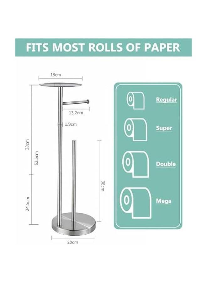 Toilet Paper Holder Stand for Bathroom Floor Standing Toilet Roll Dispenser Storages 4 Reserve Rolls, with Top Storage Shelf for Cell Phones, Wipe, Wallet and More (Silver)