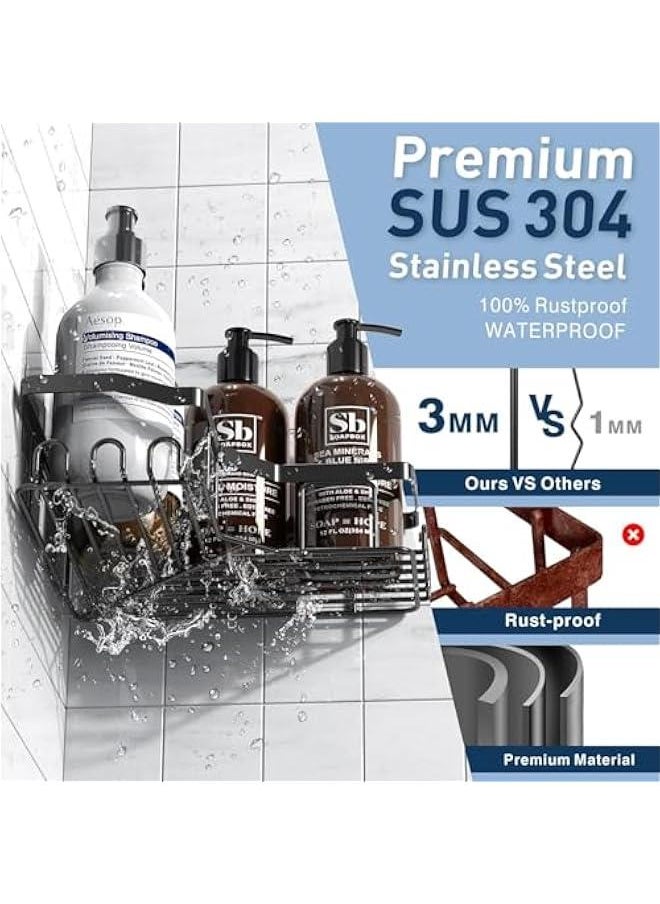 Corner Adhesive Shower Caddy, with Soap Holder and 12 Hooks, Rustproof Stainless Steel Bathroom Organizer, No Drilling Wall Mounted Rack, Black, 3-Pack
