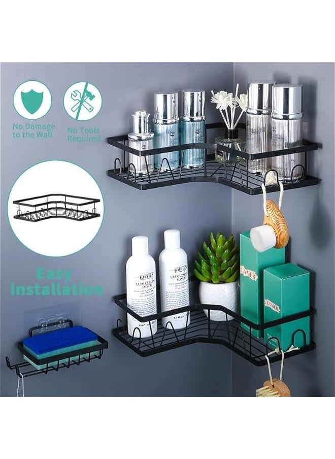 Corner Adhesive Shower Caddy, with Soap Holder and 12 Hooks, Rustproof Stainless Steel Bathroom Organizer, No Drilling Wall Mounted Rack, Black, 3-Pack
