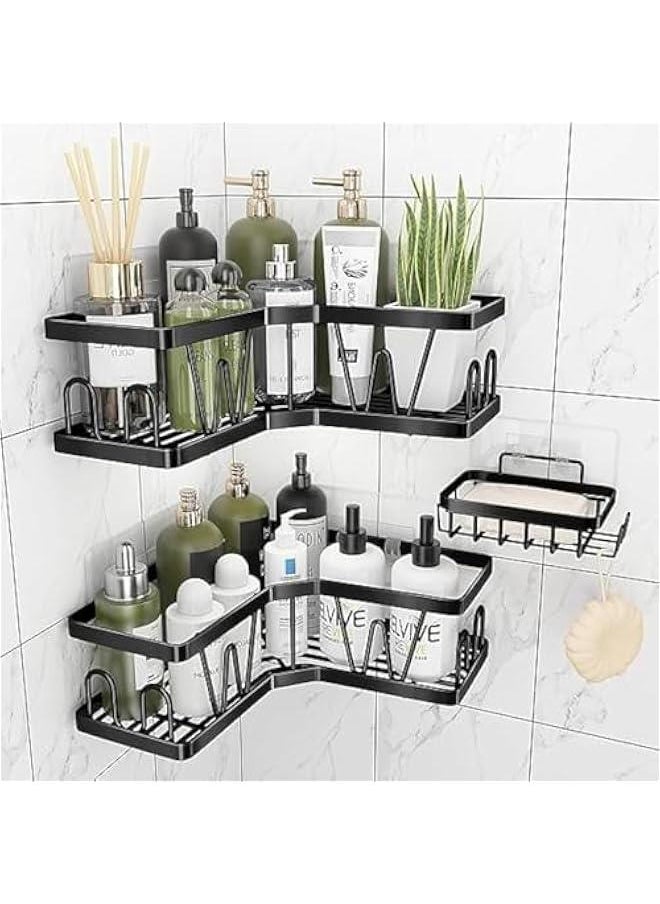 Corner Adhesive Shower Caddy, with Soap Holder and 12 Hooks, Rustproof Stainless Steel Bathroom Organizer, No Drilling Wall Mounted Rack, Black, 3-Pack