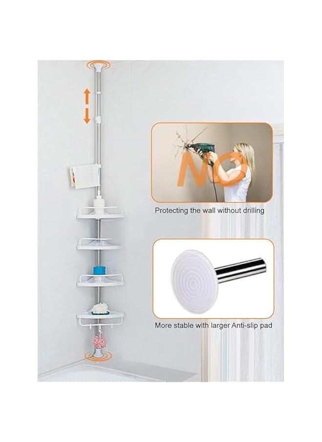 Durku Rustproof Shower Caddy Corner Pole,Adjustable Stainless Steel Shower Organizer with 4 Tier Shelf for Bathroom Bathtub Tub Shampoo,Floor Standing Rack Bath Storage Holder with Rust Proof Rods