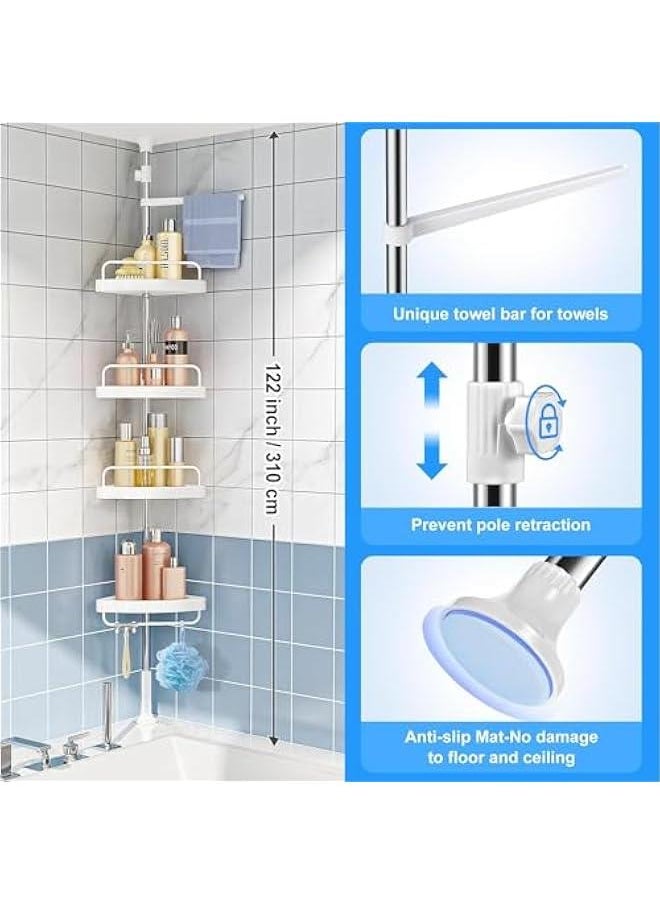 Durku Rustproof Shower Caddy Corner Pole,Adjustable Stainless Steel Shower Organizer with 4 Tier Shelf for Bathroom Bathtub Tub Shampoo,Floor Standing Rack Bath Storage Holder with Rust Proof Rods