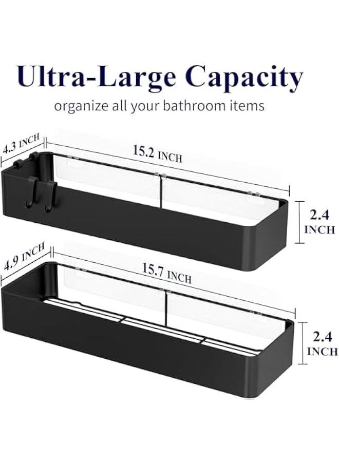 Shower Caddy Maximum Size - 15.7'' x 4.9'' x 2.4'' - 2.64 lb Premium Material - Rustproof Shower Organizer, Drill-Free Shower Shelves, Stainless Steel Shower Rack with 4 Hooks, Black - 2 Pack