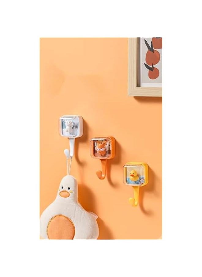 Cute Adhesive Hooks, Animal Bounce, Spring Shaking Duck Polar Bear Squirrel, No Nails, Waterproof, for Key Purse Robe Towel, Creative Individual Hook Set of 3 (3 Pack)