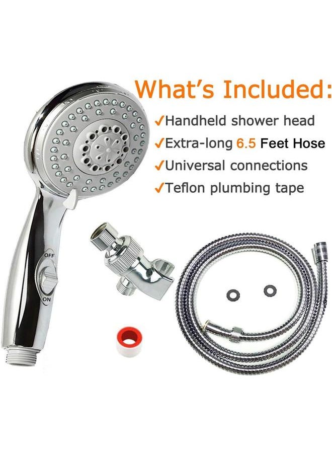 bluejw Handheld Shower Head with On/Off Switch - 5 Spray Settings 6.5 Feet Extra Long Hose High Pressure with Bathroom Faucet Kit - Universal Adapter Holder Mount for Wall,Chrome Finish