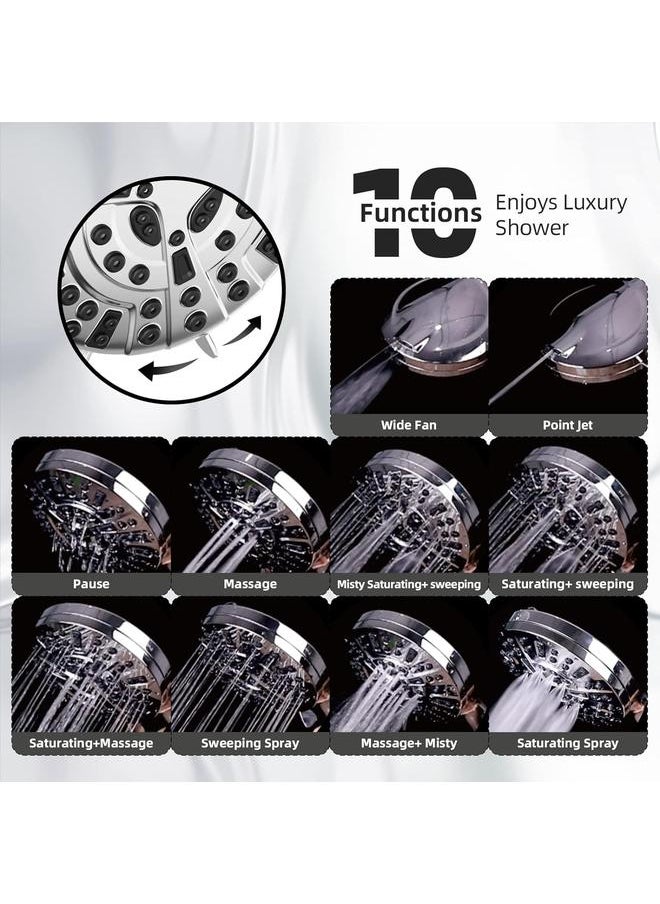 Shower Head, 10 functions, High Pressure Shower Head with Handheld, Built-in pause mode & 2 Power Wash, non-clogging Nozzles High Flow Shower Head, 6 feet Hose & Bracket