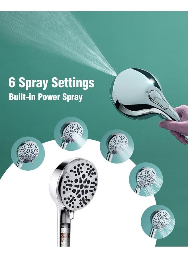 Filtered Shower Head with Handheld, High Pressure Shower Heads with Filter for Hard Water, 6 Spray Modes Detachable Showerhead with Hose and Bracket (Chrome Polished)