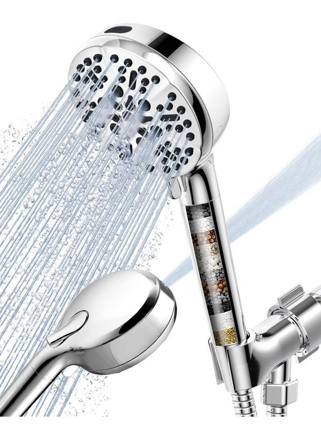 Filtered Shower Head with Handheld, High Pressure Shower Heads with Filter for Hard Water, 6 Spray Modes Detachable Showerhead with Hose and Bracket (Chrome Polished)