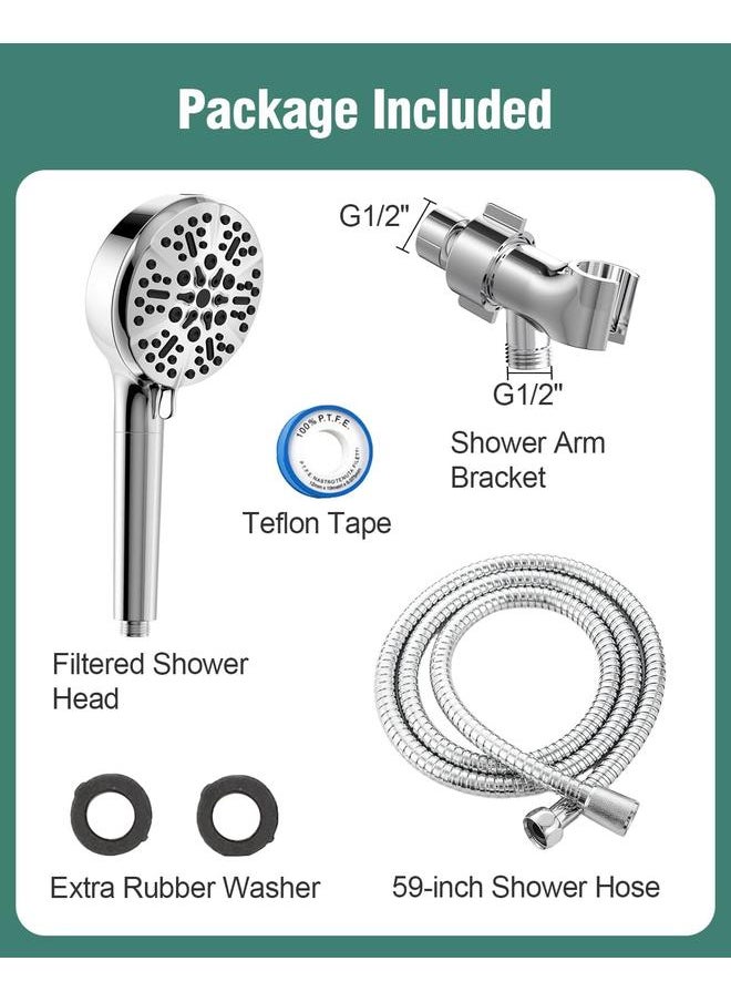 Filtered Shower Head with Handheld, High Pressure Shower Heads with Filter for Hard Water, 6 Spray Modes Detachable Showerhead with Hose and Bracket (Chrome Polished)