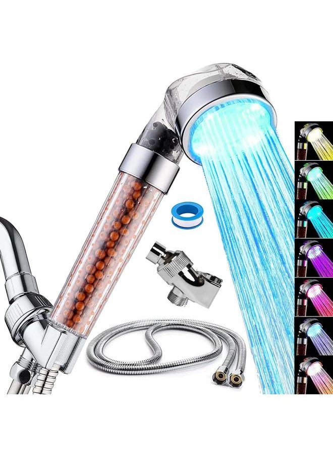 LED Handheld Shower Head Set with Filtration, Automatic 7-color Changing Shower Head Kit, High Pressure Handheld Shower Head with Hose and Bracket, Water Saving Showerheads with Filtration Beads