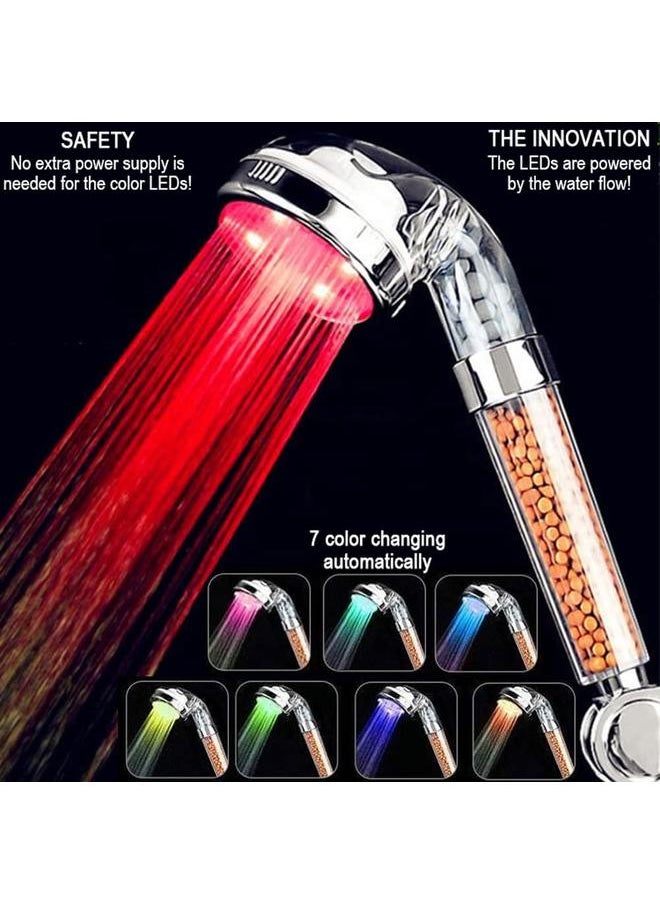 LED Handheld Shower Head Set with Filtration, Automatic 7-color Changing Shower Head Kit, High Pressure Handheld Shower Head with Hose and Bracket, Water Saving Showerheads with Filtration Beads