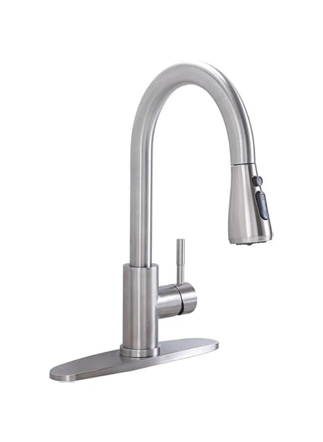 Kitchen Faucet with Pull Down Sprayer, Brushed Nickel Faucet for Kitchen Sink, Stainless Steel Single Handle Pull Out Kitchen Sink Faucet (Silver)