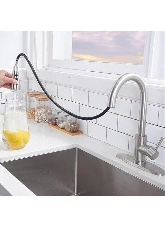 Kitchen Faucet with Pull Down Sprayer, Brushed Nickel Faucet for Kitchen Sink, Stainless Steel Single Handle Pull Out Kitchen Sink Faucet (Silver)