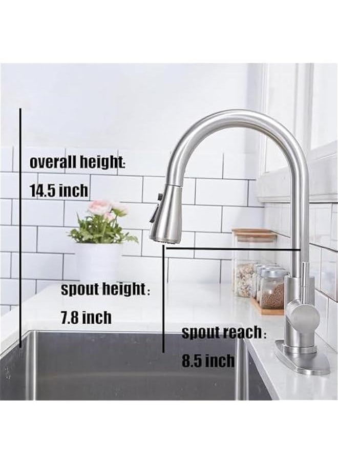 Kitchen Faucet with Pull Down Sprayer, Brushed Nickel Faucet for Kitchen Sink, Stainless Steel Single Handle Pull Out Kitchen Sink Faucet (Silver)