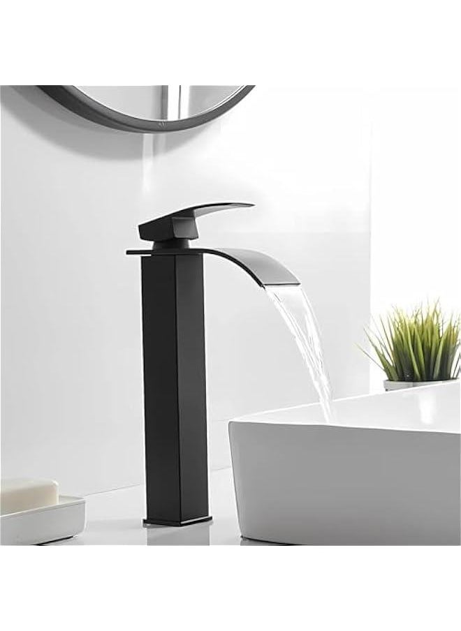 Black Waterfall Spout Bathroom Faucet, Tall Single Handle Bathroom Vessel Sink Faucet, Rv Lavatory Vessel Faucet Basin Mixer Tap, Solid Brass/Matte Black (Black)