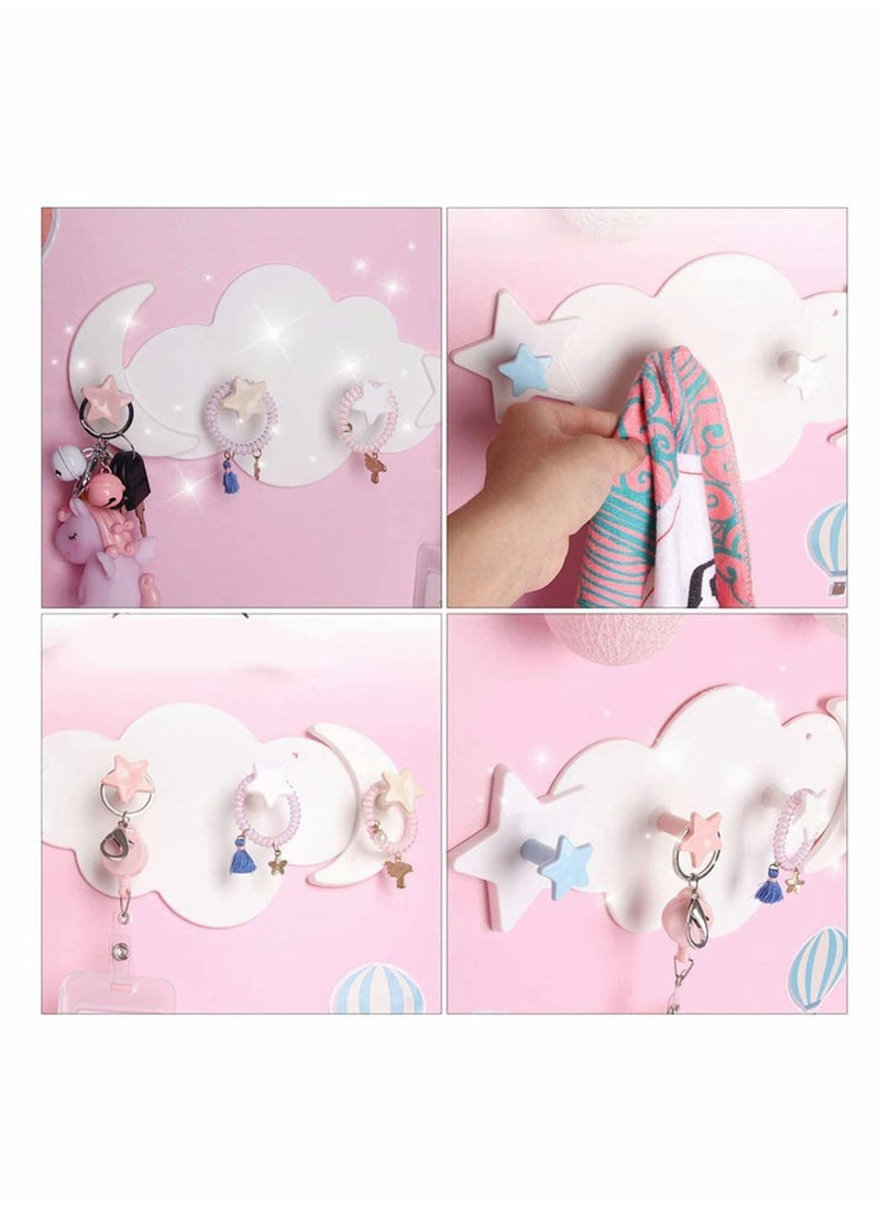 2 Pcs Moon Star Cloud Shape Wall Hooks, Nail- Free Creative Heavy Duty Clothes Hangers Keys Ring Holder Adhesive Wall Racks