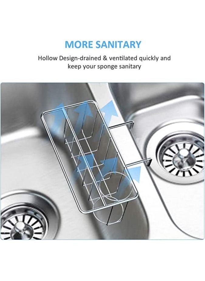 Sponge Holder for Kitchen Sink, 3-in-1 Kitchen Sink Caddy with Adhesive Pad, Stainless Steel Sink Sponge Holder, Kitchen Sink Organizer for Sponge, Dish Brush and Dish Towel, No Drilling (Hanging)