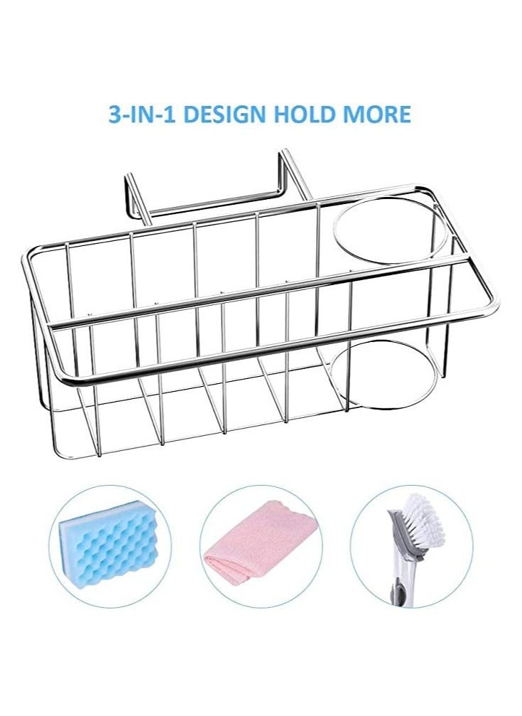 Sponge Holder for Kitchen Sink, 3-in-1 Kitchen Sink Caddy with Adhesive Pad, Stainless Steel Sink Sponge Holder, Kitchen Sink Organizer for Sponge, Dish Brush and Dish Towel, No Drilling (Hanging)