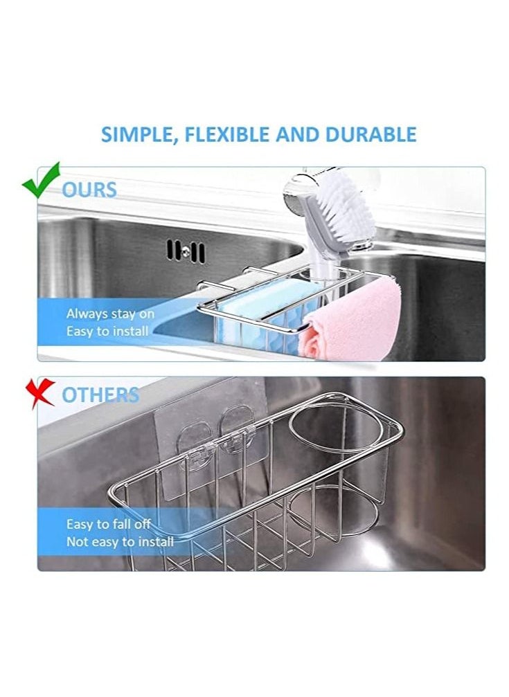 Sponge Holder for Kitchen Sink, 3-in-1 Kitchen Sink Caddy with Adhesive Pad, Stainless Steel Sink Sponge Holder, Kitchen Sink Organizer for Sponge, Dish Brush and Dish Towel, No Drilling (Hanging)