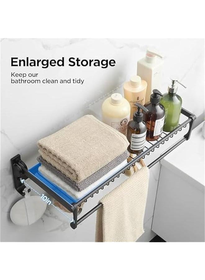 Towel Rack, Stainless Steel Bathroom Towel Rail with Towel Bar and Hooks, Foldable Wall-Mounted Self Adhesive Shower Shelf Organizer, Bath Towel Storage Shelf-Black