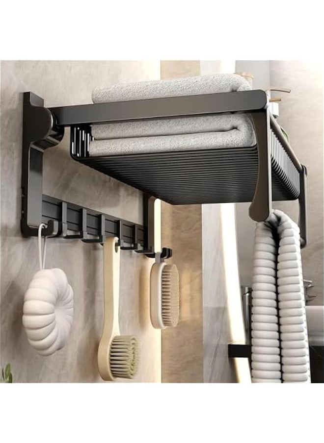 Towel Rack, Stainless Steel Bathroom Towel Rail with Towel Bar and Hooks, Foldable Wall-Mounted Self Adhesive Shower Shelf Organizer, Bath Towel Storage Shelf-Black