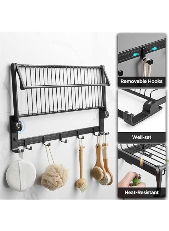 Towel Rack, Stainless Steel Bathroom Towel Rail with Towel Bar and Hooks, Foldable Wall-Mounted Self Adhesive Shower Shelf Organizer, Bath Towel Storage Shelf-Black