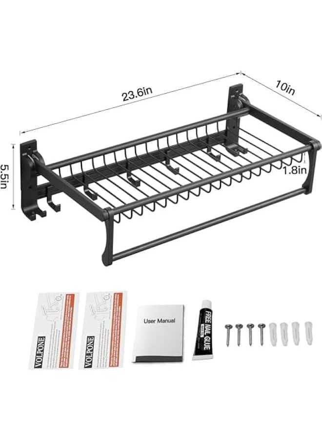 Towel Rack, Stainless Steel Bathroom Towel Rail with Towel Bar and Hooks, Foldable Wall-Mounted Self Adhesive Shower Shelf Organizer, Bath Towel Storage Shelf-Black