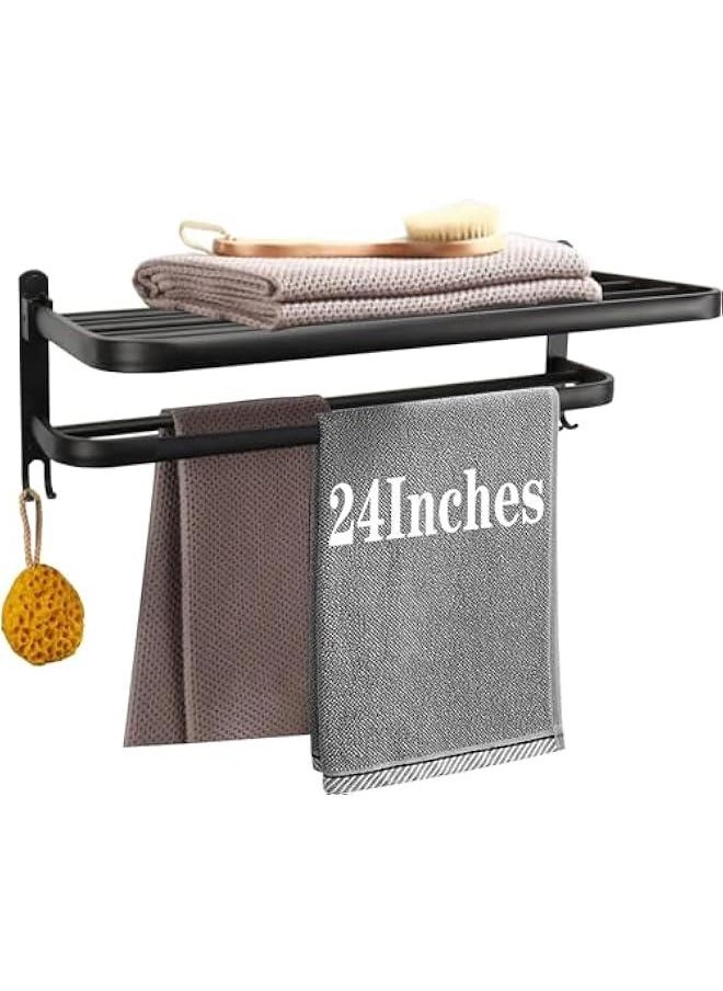 Towel Rack for Bathroom, Bath Towel Holder with Double Towel Bar and Fold-able Towel Shelf, Rustproof Towel Organizer Wall Mounted Towel Storage Hanger for Bath/Balcony/Lavatory (24inch)