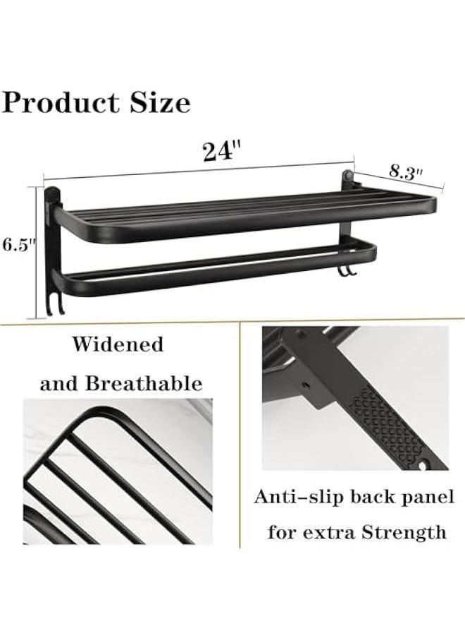 24In Towel Rack for Bathroom, Bath Towel Holder with Double Towel Bar and Fold-able Towel Shelf, Rustproof Towel Organizer Wall Mounted Towel Storage Hanger for Bath/Balcony/Lavatory