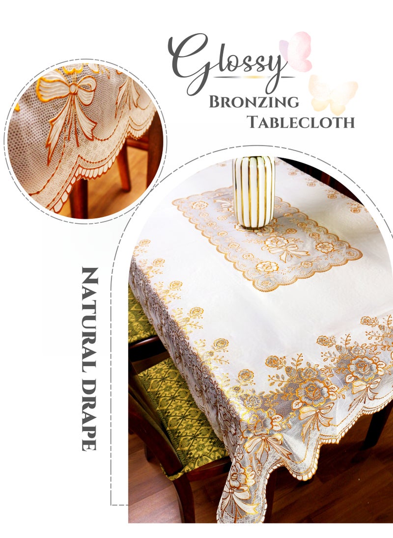 Bronzing Printed Waterproof Wash Free Rectangular Tablecloth, Golden White Background Table Cloth Cover, Oil-proof ,Dustproof ,Wrinkle-resistant, Anti-scald , High-temperature resistant , No Fading,