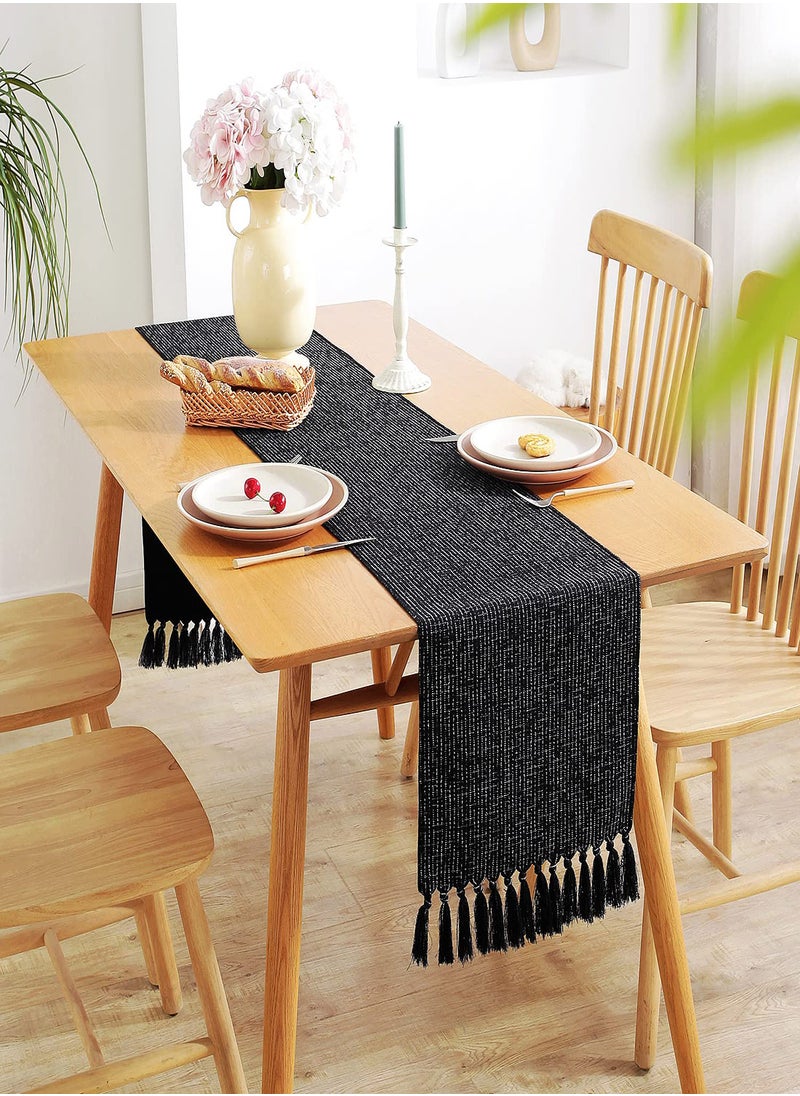 Rustic Black Burlap Table Runner, 33x183cm Washable Boho Style for Dining Room, Bedroom Decor, and Holiday Party Centerpiece