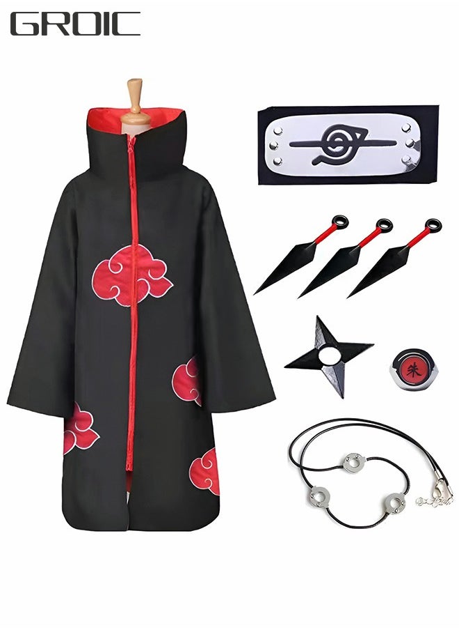 8-Piece Set Unisex Anime Long Robe Cosplay,Anime Naruto Long Robe Akatsuki Cloak Ninja Cosplay Costume Uniform Headband Full Accessories,Party Dressing