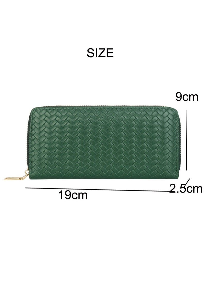 Fashionable PU leather woven wallet  zero wallet new trendy women's wallet  medium to long zipper handbag Green