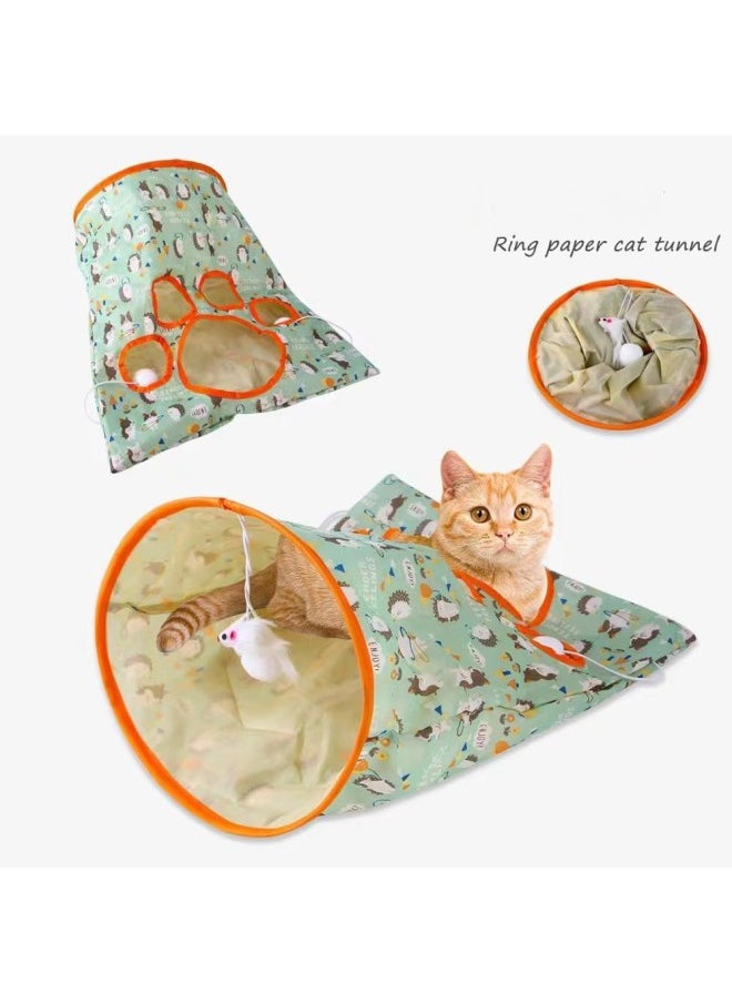 Cat Tunnel Bags for Indoor Cats，Cat Self Interactive Toys，Crinkle Paper Collapsible Cat Drill Bagwith Plush Ball,Green Hedgehog.