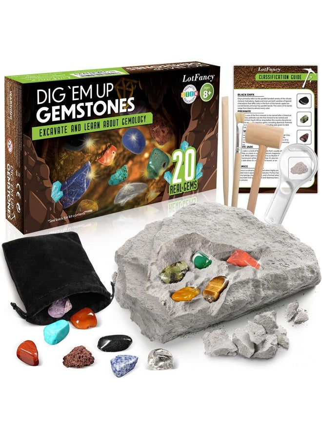 LotFancy Gemstone Dig Kit, Excavate 20 Real Gems, Science Kit for Kids Age 8-12, Educational Toy, Birthday Gift for Boys Girls with Mining Tools