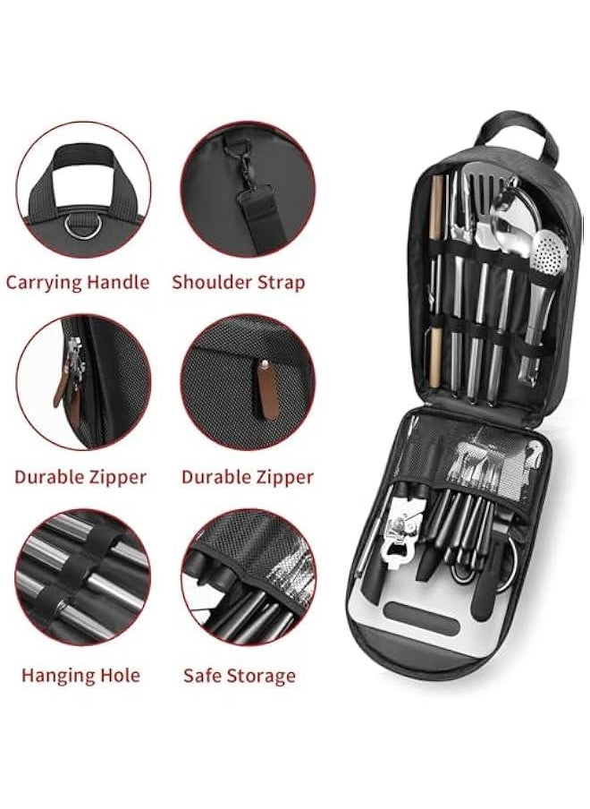 Durku Portable Camping Kitchen Utensil Set-27 Piece Cookware Kit, Stainless Steel Outdoor Cooking and Grilling Utensil Organizer Travel Set Perfect for Travel, Picnics, RVs, Camping, BBQs, Parties