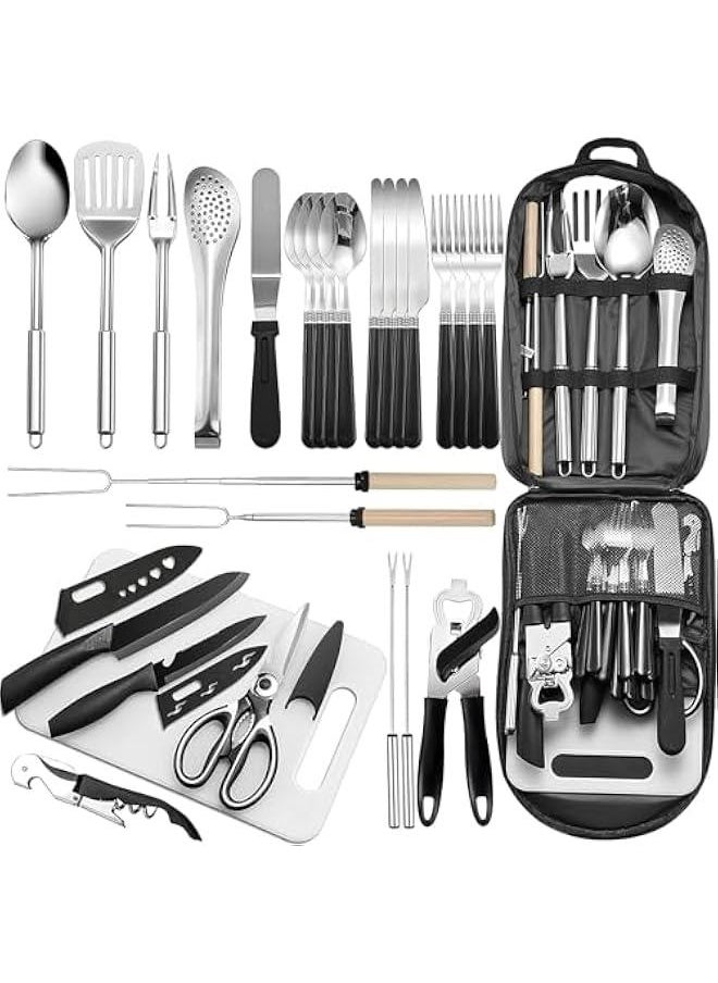 Durku Portable Camping Kitchen Utensil Set-27 Piece Cookware Kit, Stainless Steel Outdoor Cooking and Grilling Utensil Organizer Travel Set Perfect for Travel, Picnics, RVs, Camping, BBQs, Parties