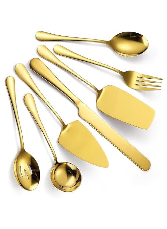 7 PCS Flatware Serving Set Stainless Steel Utensils Include Soup Spoon,Slotted Spoon,Dessert Server,Large Serving Fork, Cake Knife,Large Serving Slotted Spoon,Pizza Spatula (Gold)