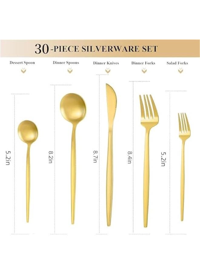 30 PCS Stainless Steel Flatware Cutlery Set,Service for 6, Knife Fork And Spoon For Home & Restaurant (Gold)