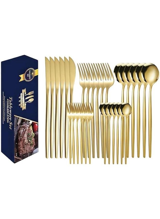 30 PCS Stainless Steel Flatware Cutlery Set,Service for 6, Knife Fork And Spoon For Home & Restaurant (Gold)