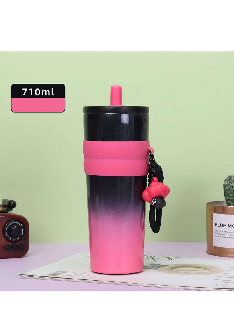 710ml Insulated Travel Coffee Mug Spill Proof Leak Proof Portable Camping Stainless Steel Coffee Mug Reusable Coffee Mug with Lid Hot & Cold Drink Thermos Mug (Gradient Pink)