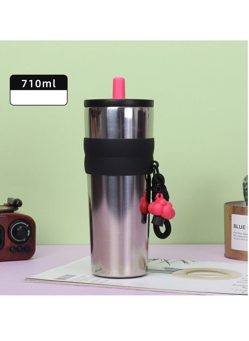 710ml Insulated Travel Coffee Mug Spill Proof Leak Proof Portable Camping Stainless Steel Coffee Mug Reusable Coffee Mug with Lid Hot & Cold Drink Thermos Mug (argent)